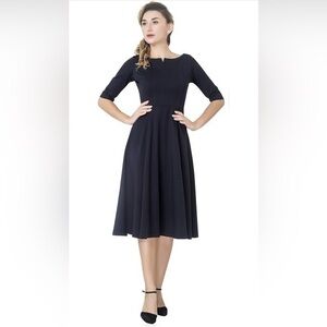 Mary Crafts Black 3/4 Sleeve Fit & Flare Midi Dress